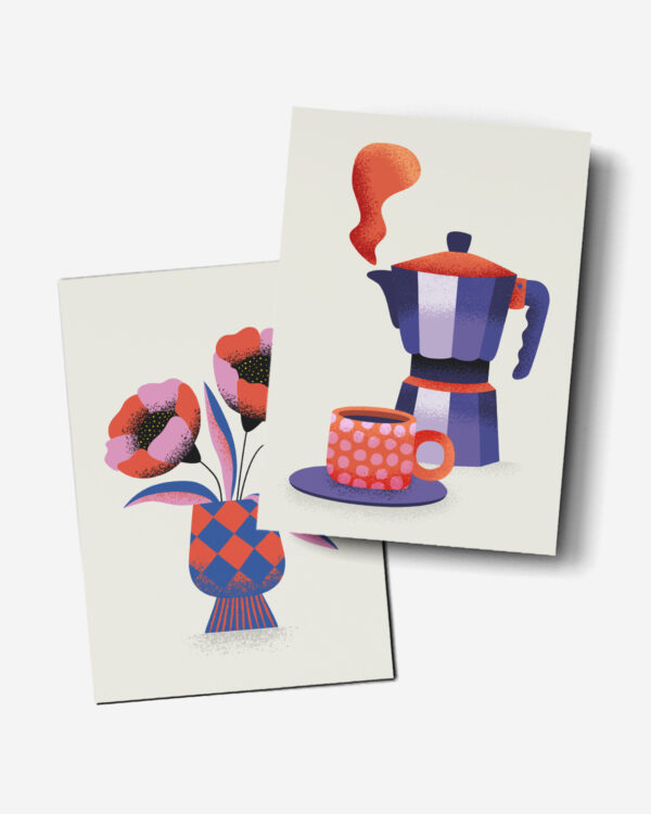 Cartes postale - duo café-fleurs